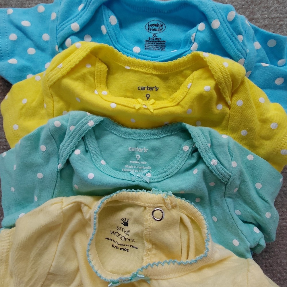 Carters, Small Wonders Baby‎ Girls 4 Bodysuits Polka Dot Yellow Blue Spring Set - Picture 2 of 11